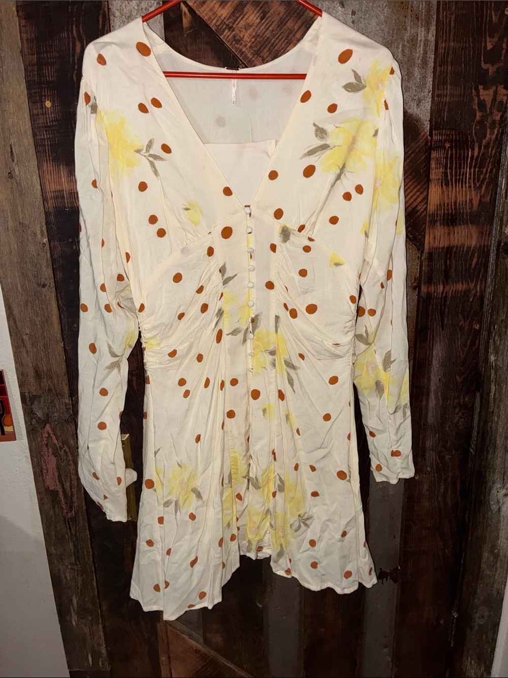 Free People Cream Button-Front Polka Dot & Yellow Floral Tunic